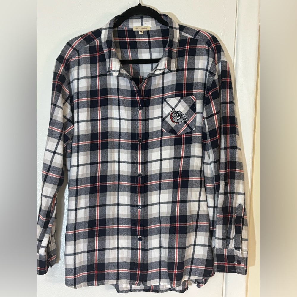UG Apparel Flannel Shirt W/Bulldog Logo on Front pocket.Navy, Red,White plaid XL